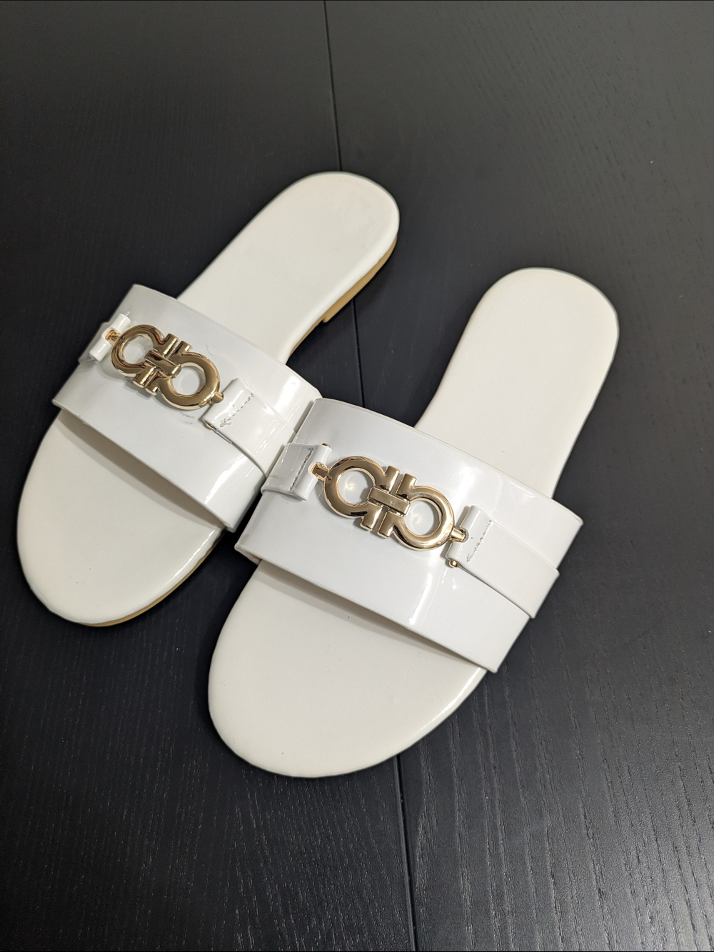 Salvatore Ferragamo White Patent Slide Sandals with Gold Gancini